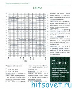 Зеленый пуловер спицами с узором из кос, схема. Зеленый пуловер спицами с узором из кос, схема.