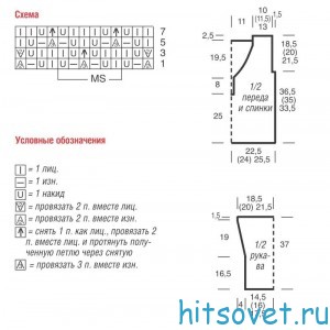Летний пуловер спицами, схемы.