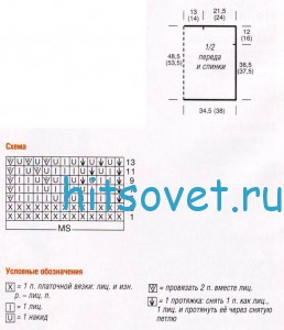 Свободный летний пуловер спицами, схема.