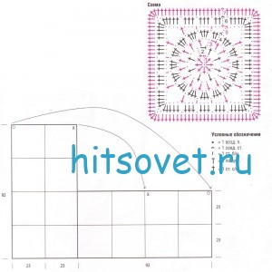 Вязаное пончо из квадратов, схема. Вязаное пончо из квадратов, схема.