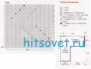 Удлиненный вязаный пуловер, схемы.
