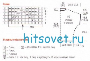Вязание пуловера с рукавами кимоно, схема.