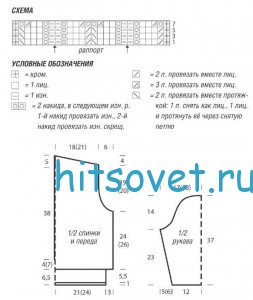 Короткий пуловер с глубоким декольте, схемы.