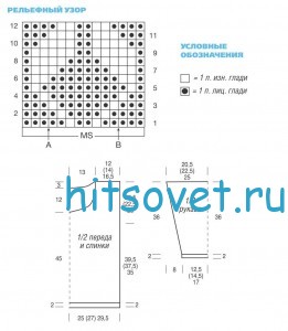 Вязание женского пуловера с рельефным узором, схема.