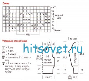 Ажурный свободный пуловер спицами, схемы.