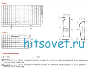 Вязание свитера с косами и рельефным узором, схема.