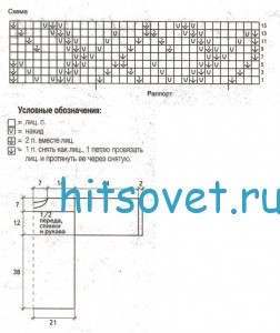 Женский голубой пуловер спицами. схема.