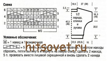 Белый пуловер сетка спицами, схема.