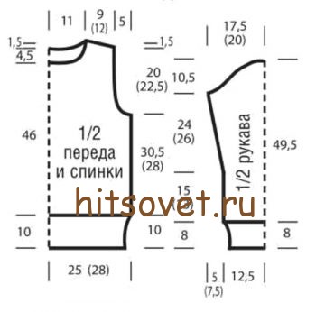 Женский пуловер спицами с рельефным узором, выкройка.