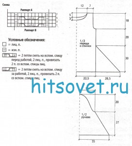 Вязаный пуловер со шлейфом, схемы.