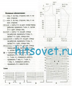 Вязаный пуловер с косами и разрезом, схемы.