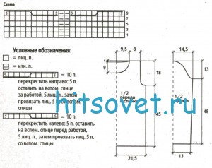 Вязаный пуловер с косой, схема.