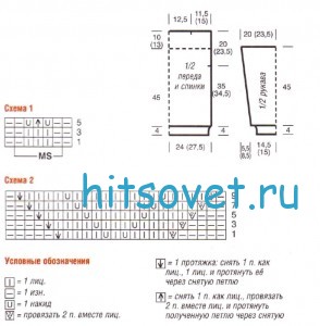 Ажурный джемпер спицами с мотивом по полочке, схемы.