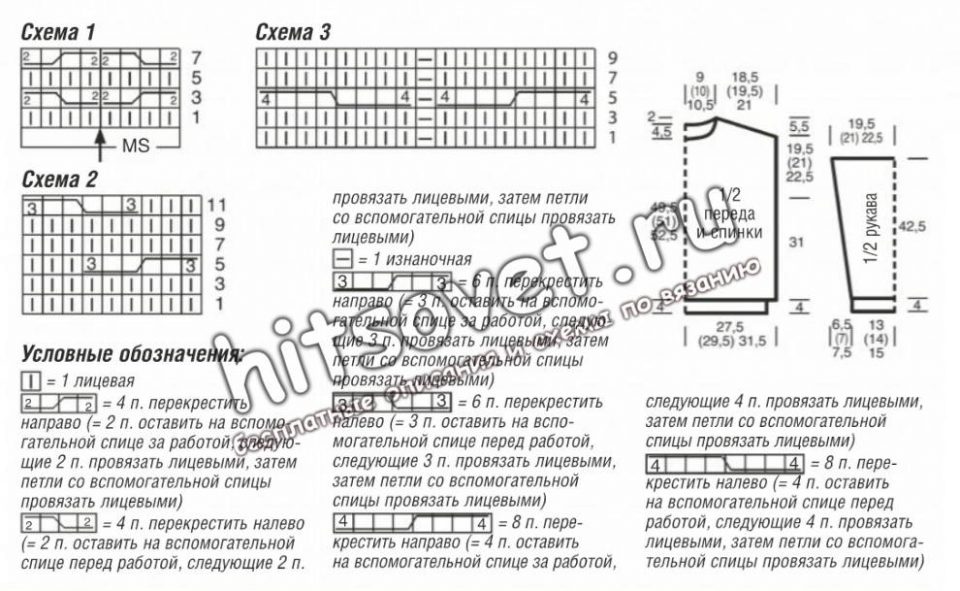 Свитер с косами и сотами и воротником гольф, схемы.