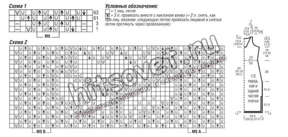 Длинное сетчатое платье спицами, схема.