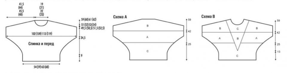 Трехцветный модный пуловер оверсайз спицами, выкройка.