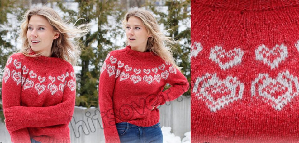 Новогодний свитер спицами Merry Hearts, фото.