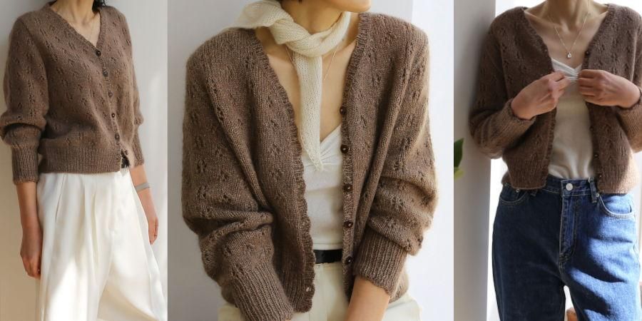 BonBon Cardi Long Sleeve — женский ажурный кардиган спицами с V-образным вырезом